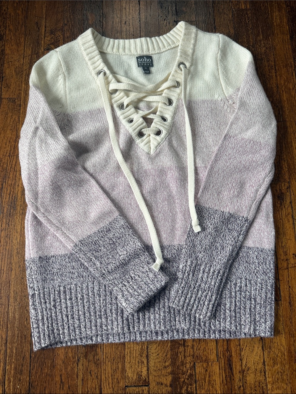 Soho Lace-Up V-Neck Striped Sweater in Cream, Light Purple, and Dark Purple